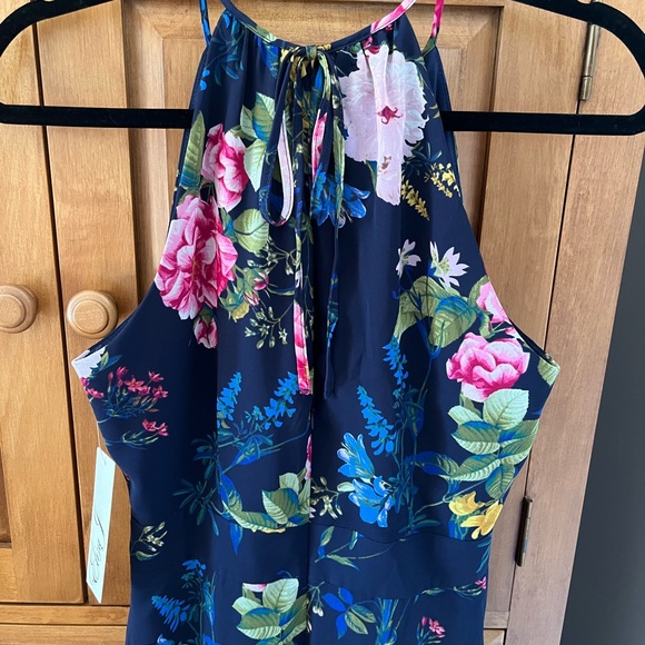 NWT Eliza J Navy Floral Print Chiffon High/Low Halter Midi Dress - Picture 10 of 14